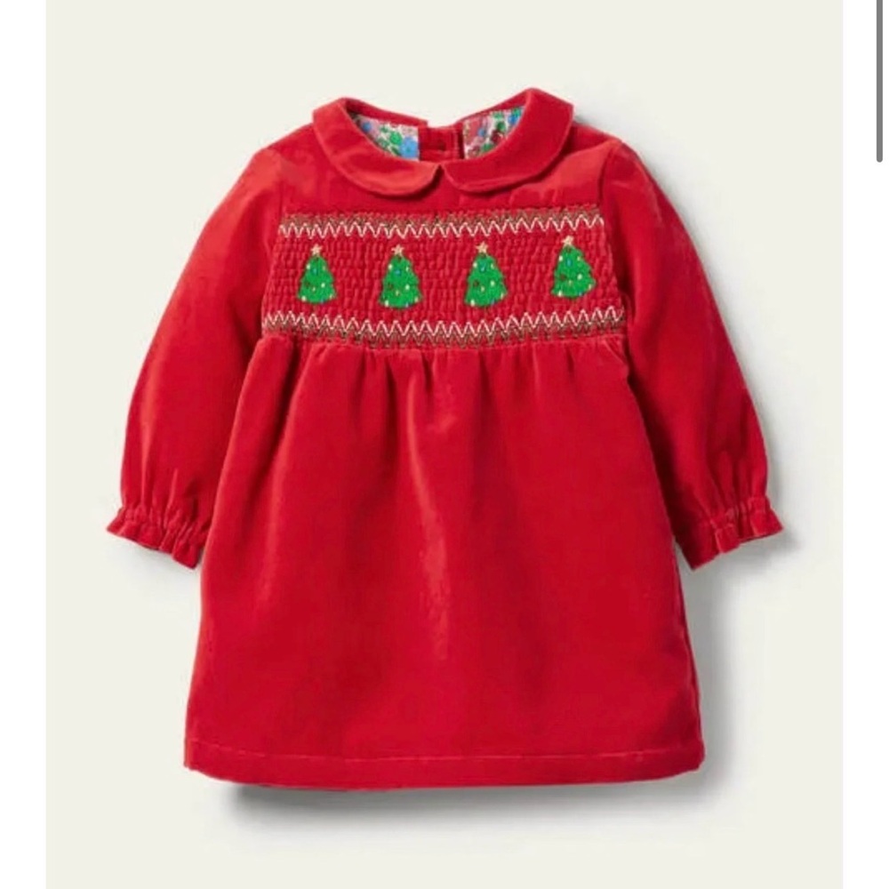 Baby Boden Christmas Tree Smocked Velour Dress